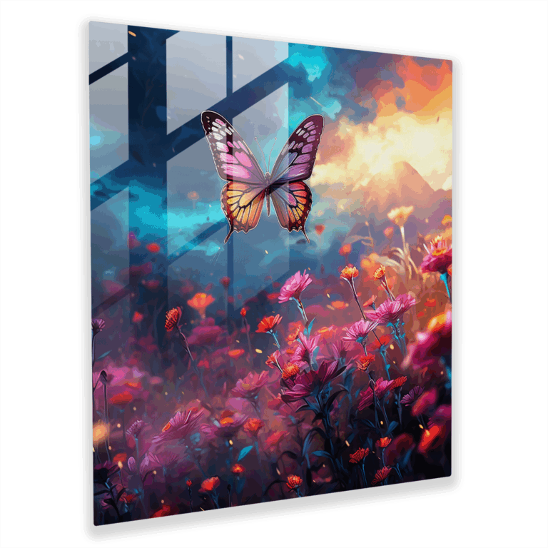 Verzaubertes Glasbild - Schmetterlingsgeflüster: Surreales Glaswandkunstwerk Glasbild Wohnkultur Wildlife-Wanddekoration.