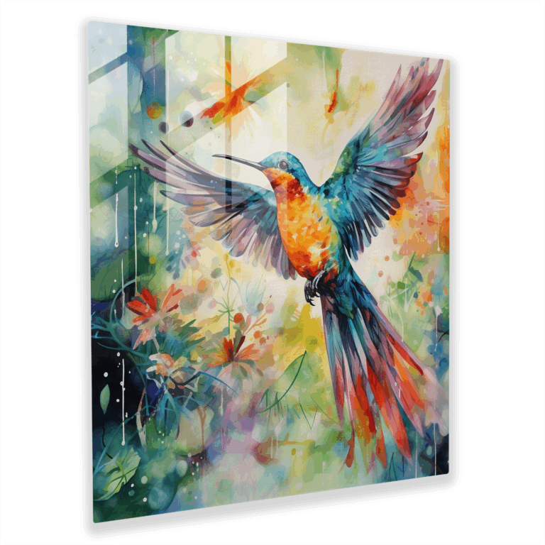 Buntes Aquarell Glasbild: Farbenfroher Vogel im tropischen Regenwald Wanddekoration