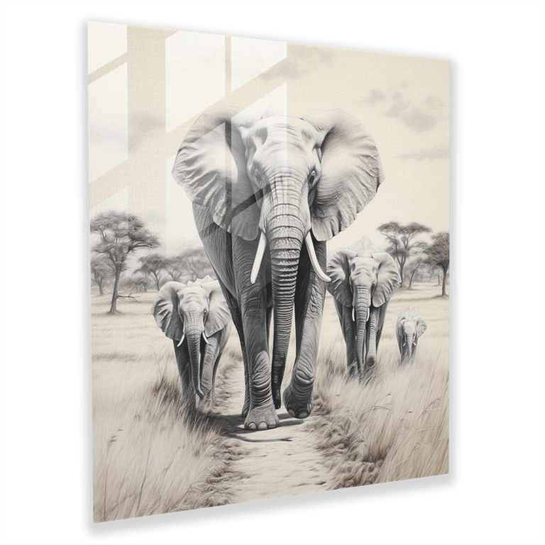 Realistisches Skizze Glasbild: Elefantenfamilie in der afrikanischen Savanne Wandkunst Dekoration