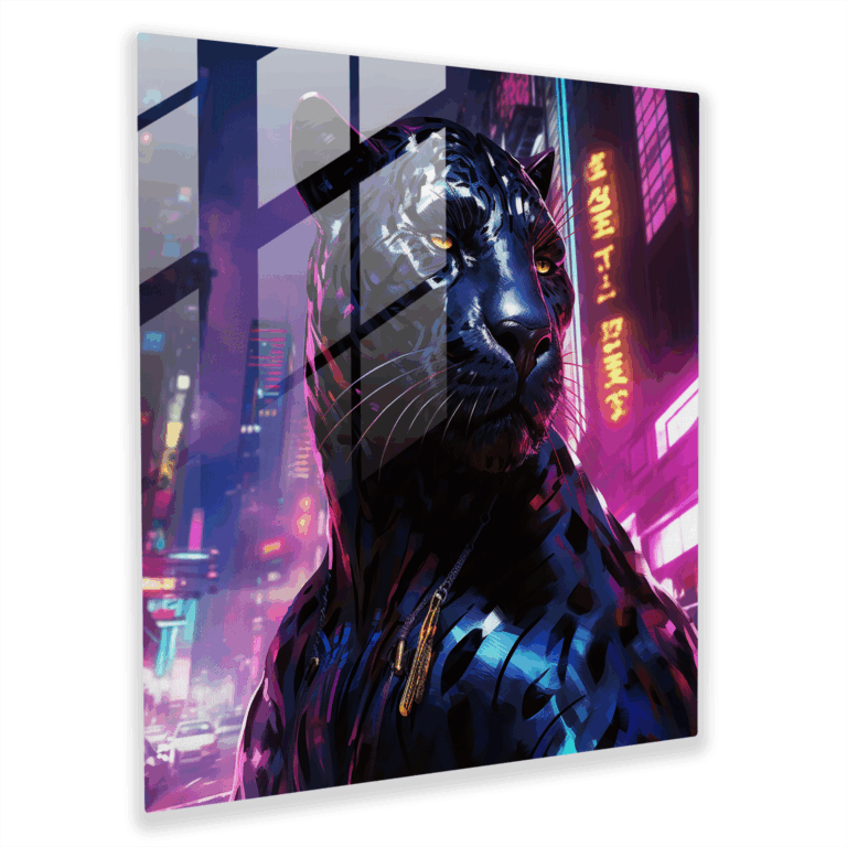 Glasbild Ethereal Digital: Neon Panther in futuristischer Stadtlandschaft Wanddeko
