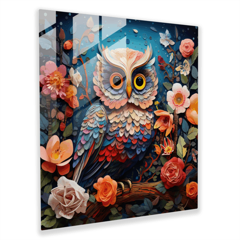 Faszinierendes Glasbild: Mystische Eule in lebendigem Blumengarten Wanddekoration