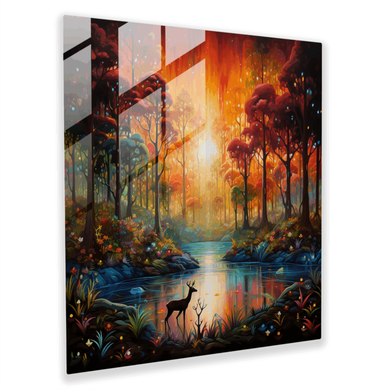 Faszinierendes Glasbild eines abstrakten Waldes mit Tierwelt - Modernes Kunstwerk
