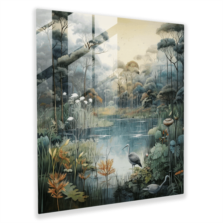 Feines Glasbild eines See-Aquarells mit Wildtieren - Wanddekoration