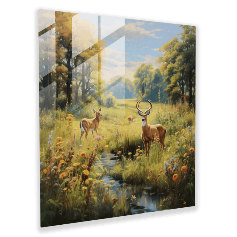 Glasbild eines eleganten Ölgemäldes - Friedliche Wiese mit Wildtieren
