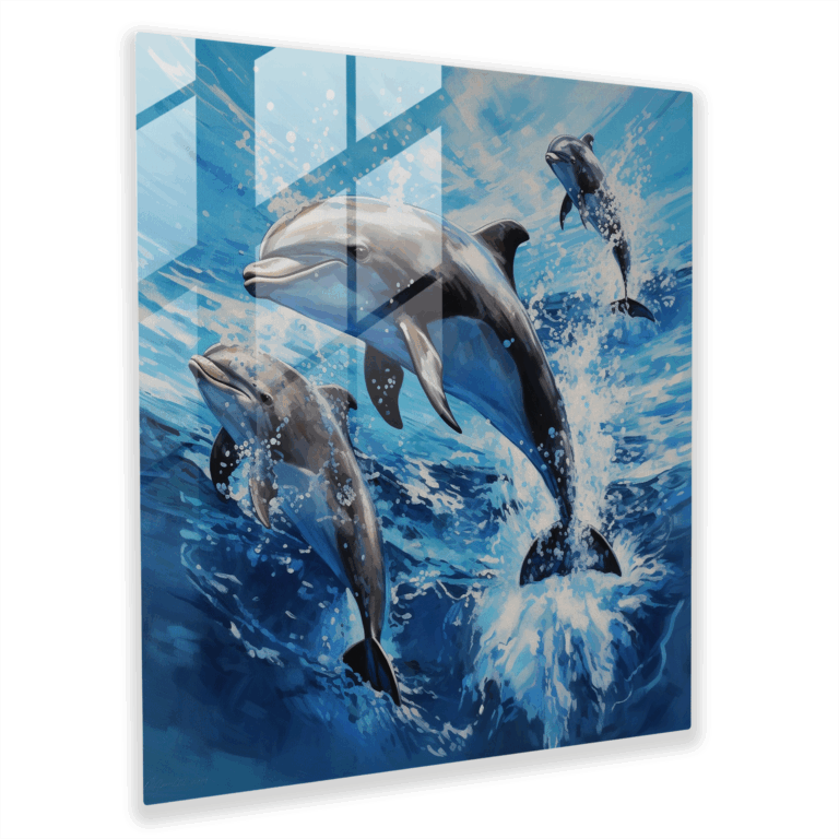 Moderne Wohnkultur: Glasbild mit dynamischem Druck von Acryldelfinen