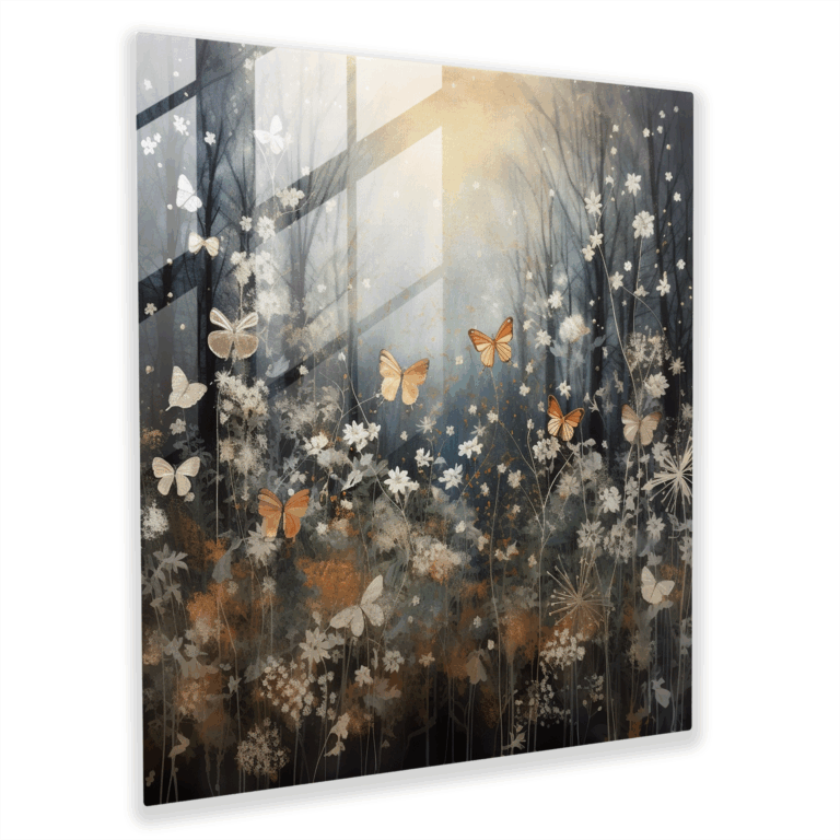 Glasbild des Mixed-Media-Kunstwerks - Wald mit Wildtieren