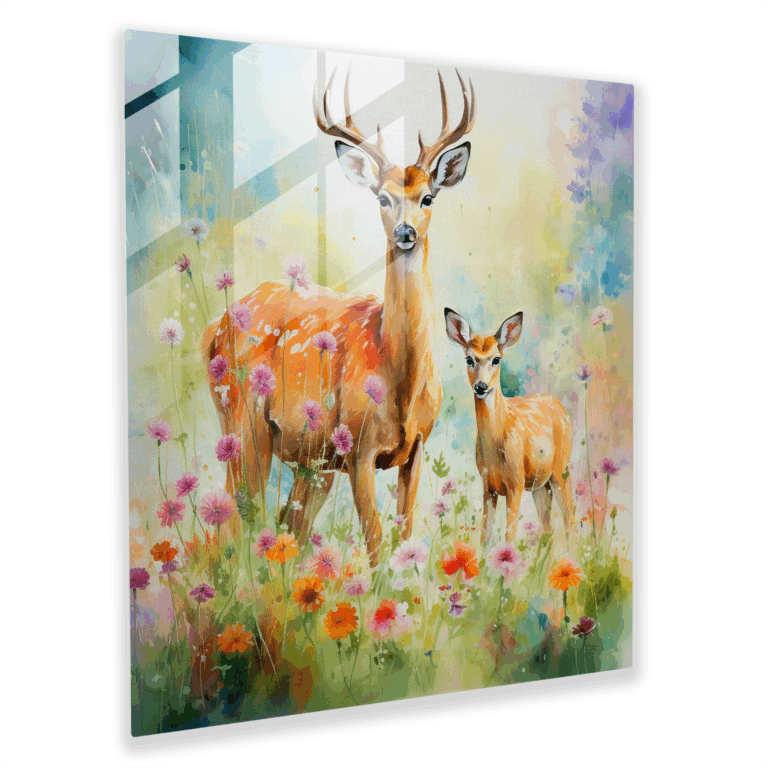 Elegantes Glasbild - Bezaubernde Hirschfamilie in Wildblumenwiese