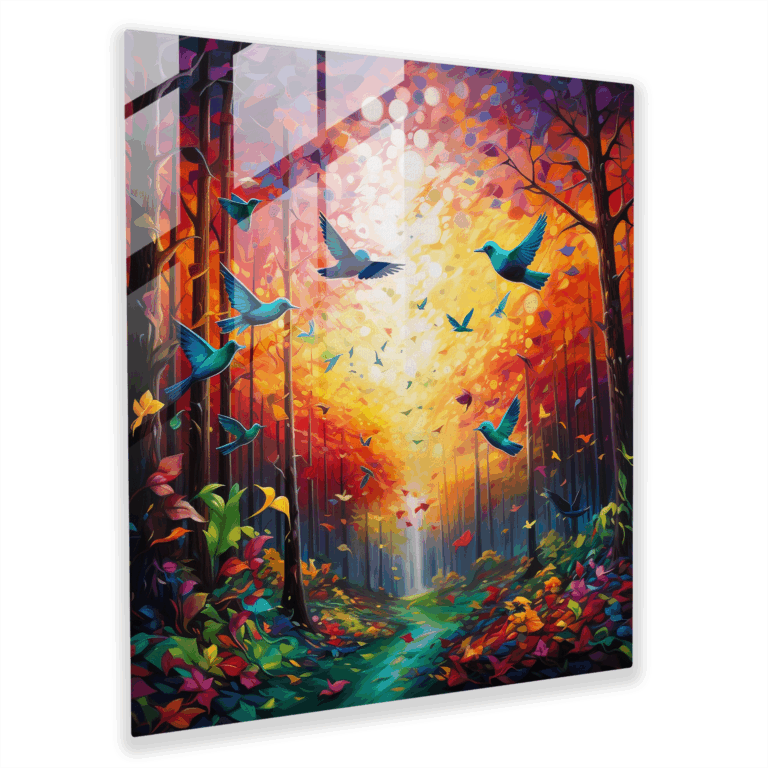 Faszinierendes Glasbild - Bunte Vögel in ruhiger Waldlandschaft