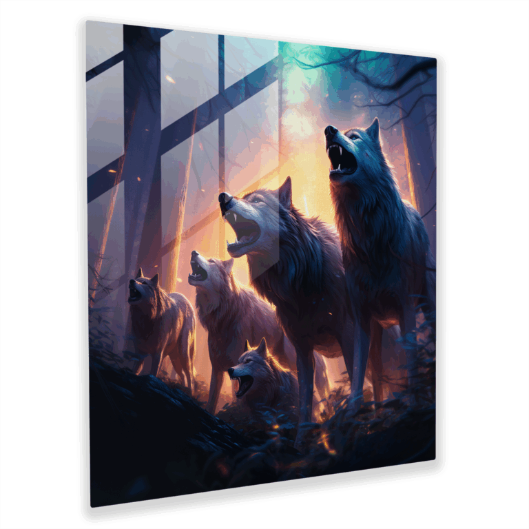Faszinierendes Glasbild - Wolfsrudel in einem von Mondlicht erhellten mystischen Wald