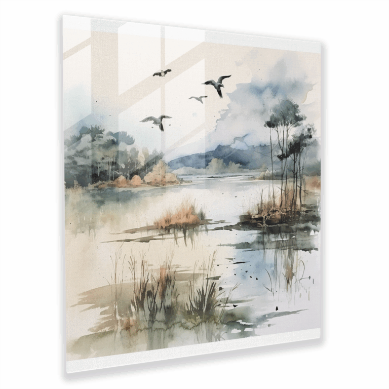 Glasbild Vogelschutzgebiet - Ausdrucksstarkes Glaswandkunstwerk - Ruhevolle Wohnraumdekoration