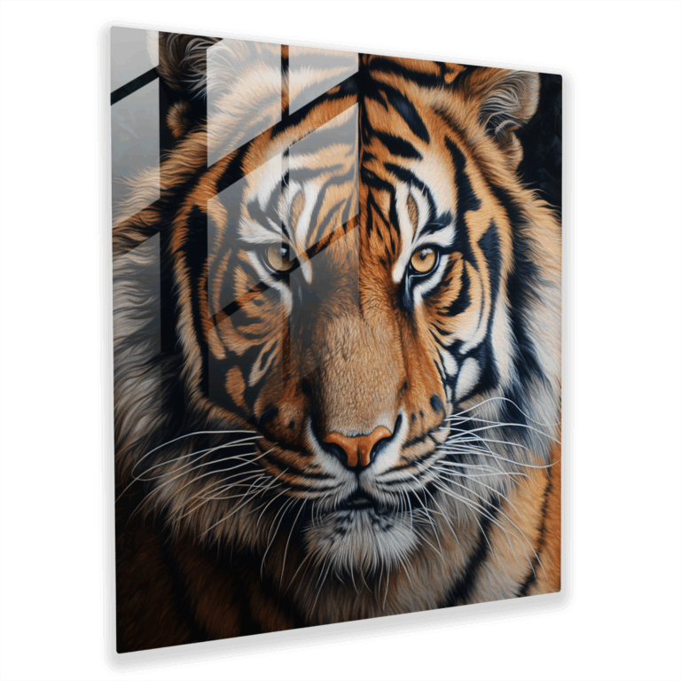 Majestätisches Glasbild - Realistisches Tierporträt Tiger Glaswandkunst - Eindrucksvolle Wohnkultur