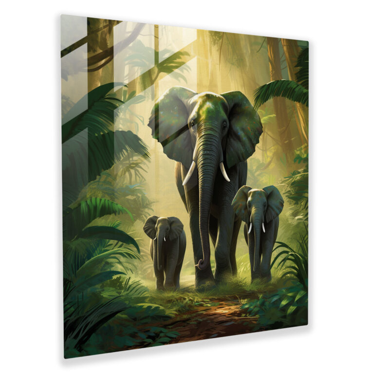 Glasbild mit Elefantenfamilie - Wildtiere Wanddekoration Elefanten Dschungel
