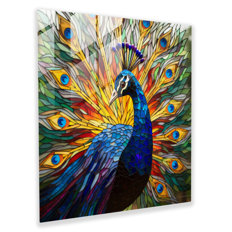 Wildlife Glasbild - Farbenfroher Pfau - Moderne Kunst Wanddekoration