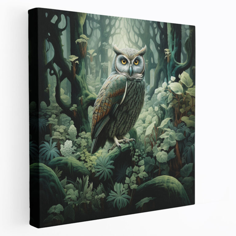 Waldtiere Wanddekoration: Mystischer Wald mit versteckter Eule - Tierwelt Wandkunst Leinwandbild