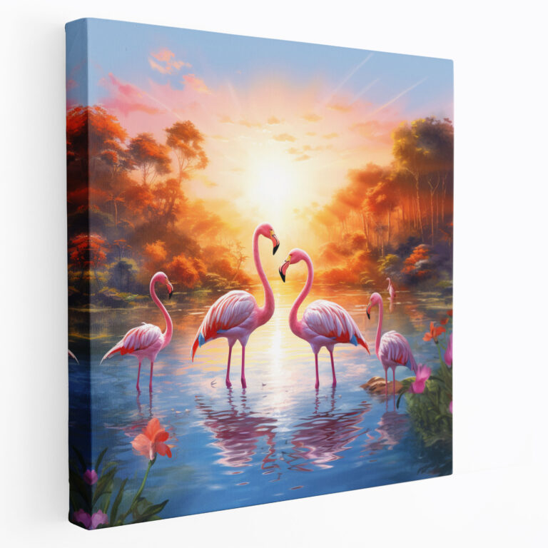 Wildlife Leinwandbild: Lebendige Flamingo-Herde in schimmernden Gewässern - Tierwelt Flamingos Wandkunst