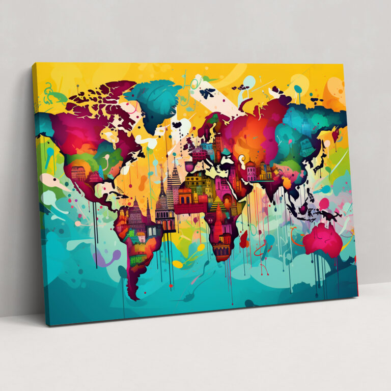 Pop Art Weltkarte Leinwandbild - Weltkarte Grafische Elemente Lebhaft Pop Art Illustration