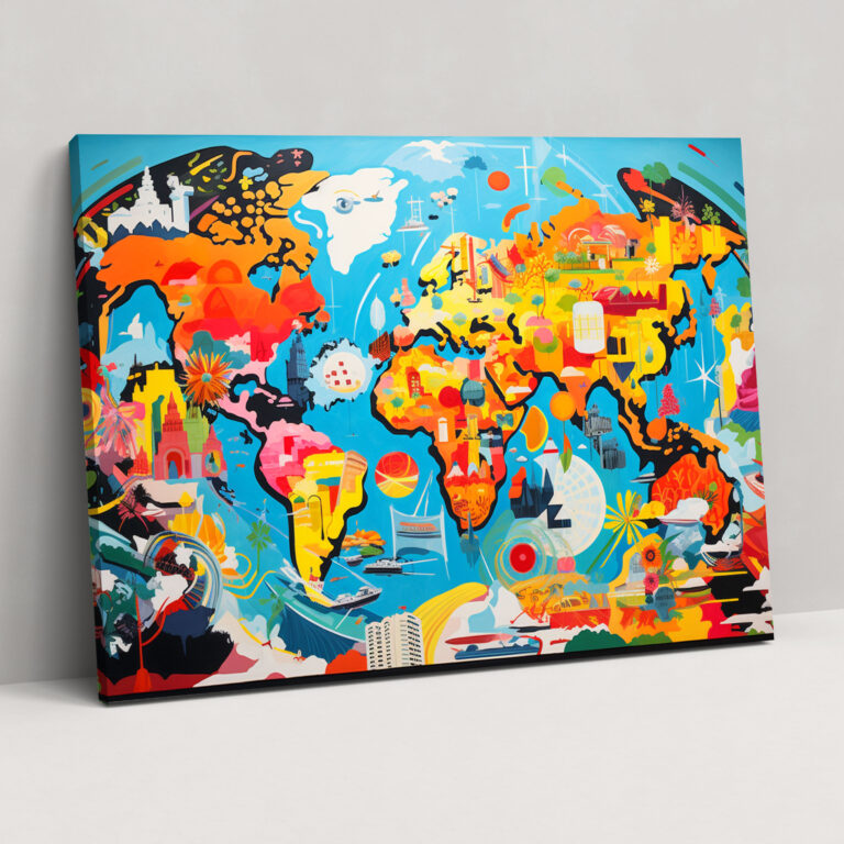 Weltkarte im Pop-Art-Stil als Wanddekoration - Weltkarte Wanddeko ikonische Symbole
