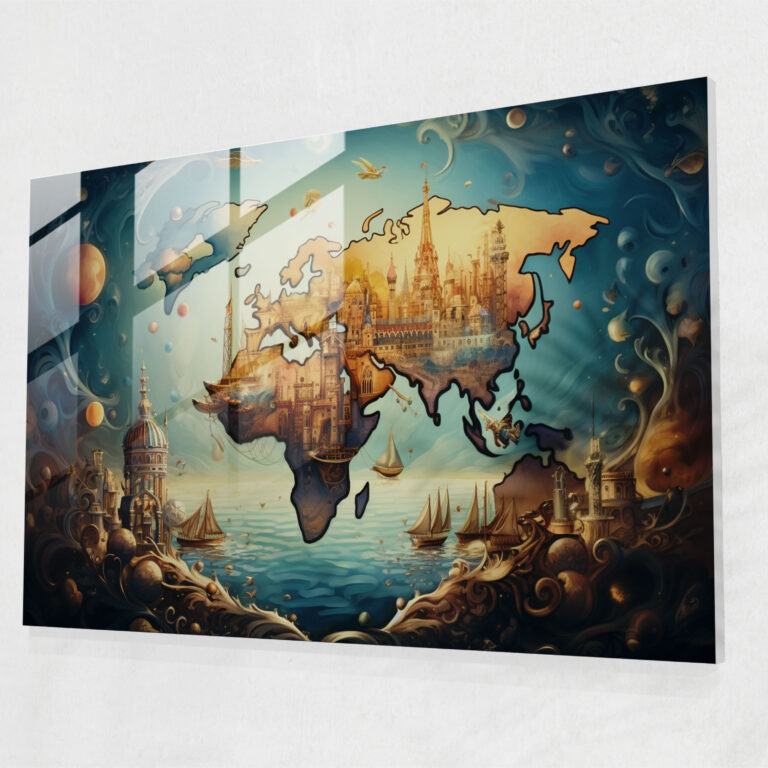 Glasbild Weltkarte 2 Unerwartete Elemente Weltkarte Glas Wandkunst