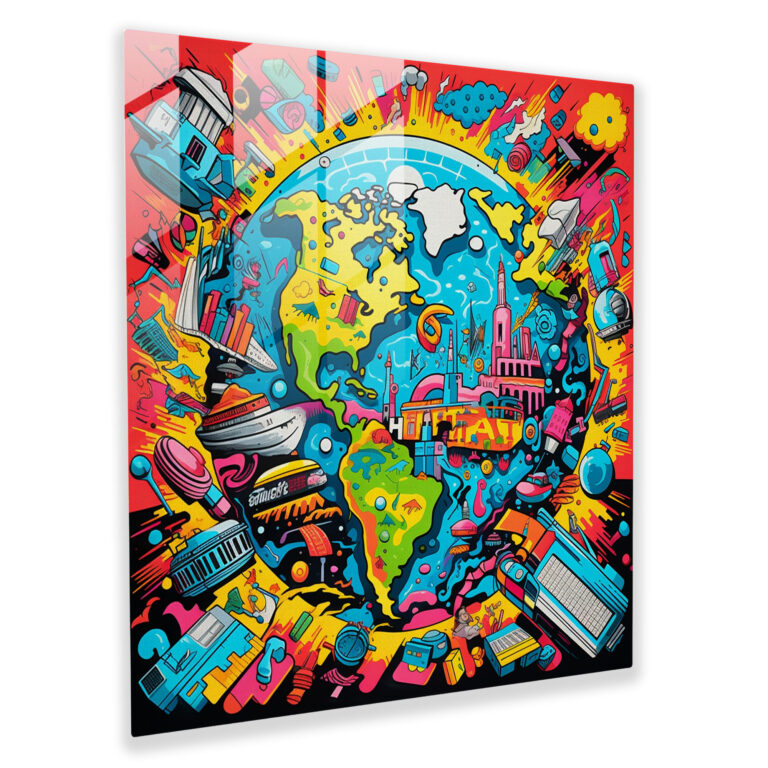 Weltkarte im Pop-Art-Stil als Glasbild - Weltkarte Wohn-Deko aufregend markant