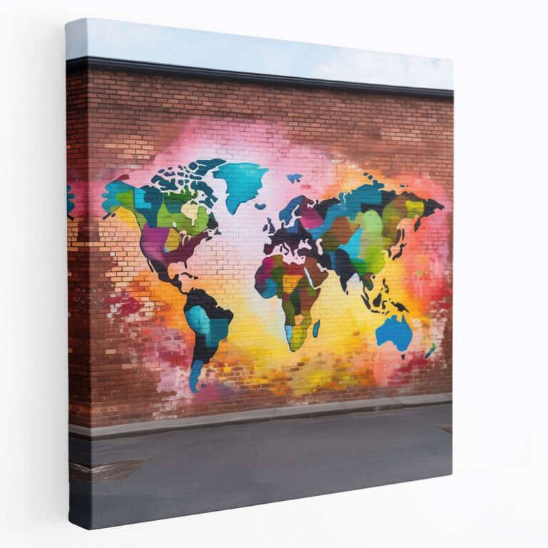 Leinwandbild Urban World Map - Weltkarte Leinwand Wandkunst Leinwanddruck Ziegelwand.