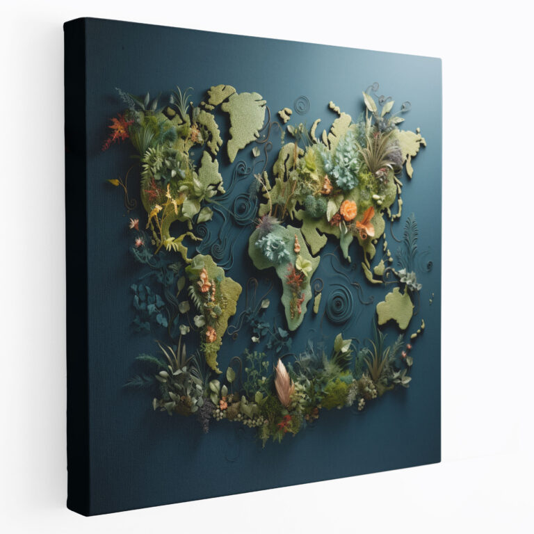 Leinwand-Wanddekoration - Blumige Weltkarte - Weltkarte Wandkunst Leinwandbild