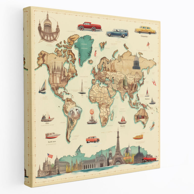 Weltkarte Vintage Reise Leinwandbild - Weltkarte Wandkunst Reisen Wanddekoration