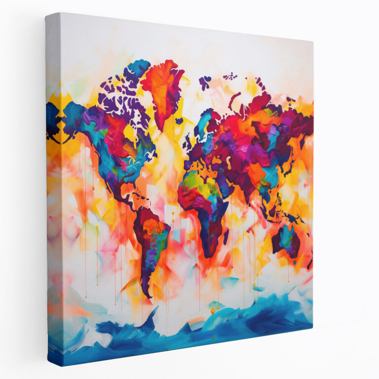 Weltkarte - Buntes zeitgenössisches Leinwandbild - Moderne Weltkarte Wandkunst kräftige Farbtöne
