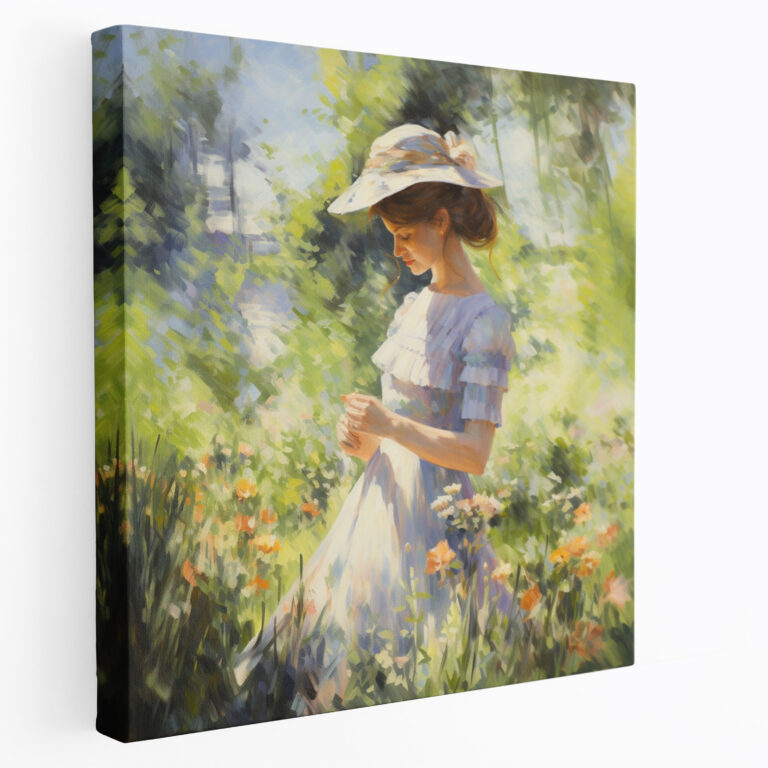 Frau Leinwandbild: Sonniger Garten - Frau Leinwandbild Zuhause Dekoration
