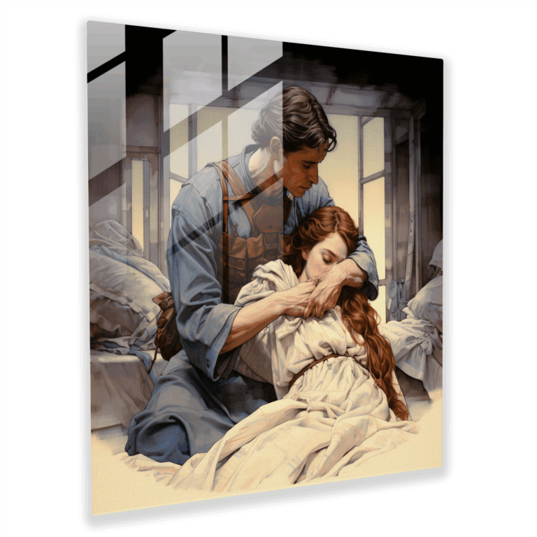 Blumige Gelassenheit Glasbild - Krankenschwester mit verletzten Soldaten - Jugendstil Illustration Glas Wandkunst