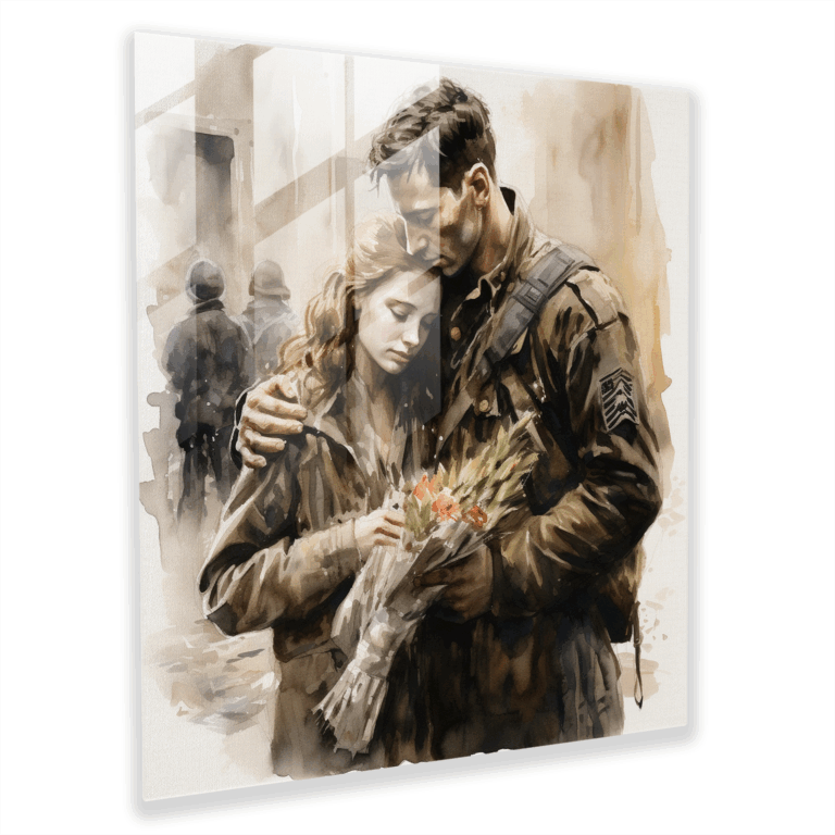 Geflüstertes Abschied Glasbild - Soldat aus dem Ersten Weltkrieg nimmt Abschied - Glas Wandkunst Wohnkultur
