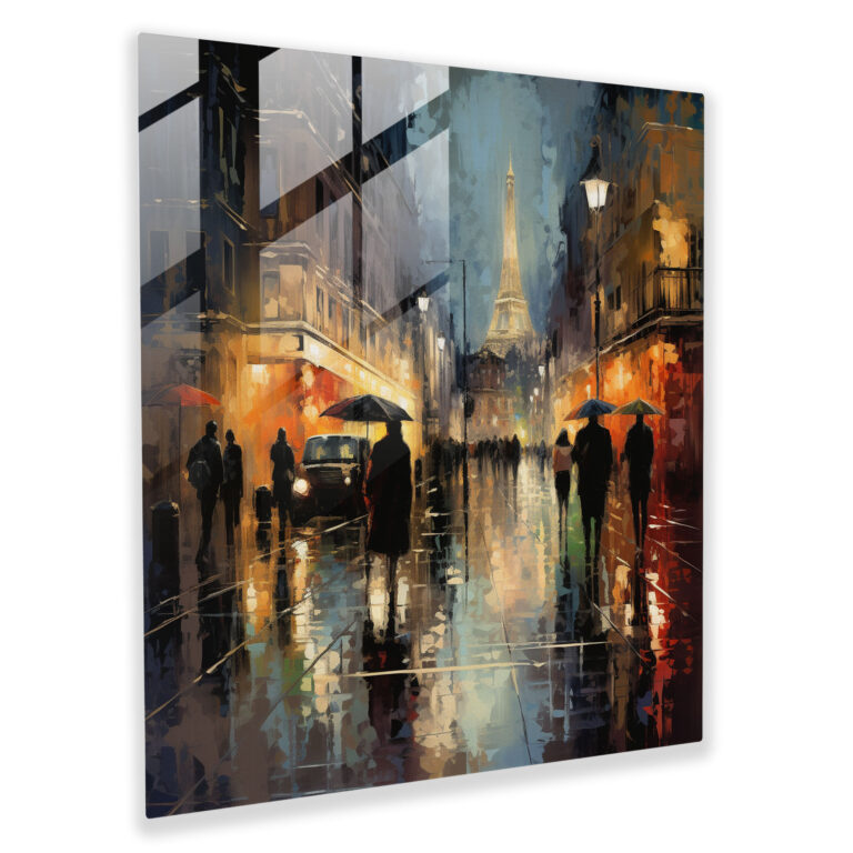 Cool Rainy Evening Glass Print - Cool, Glass Wall Art, Impressionist Cityscape, Glass Art