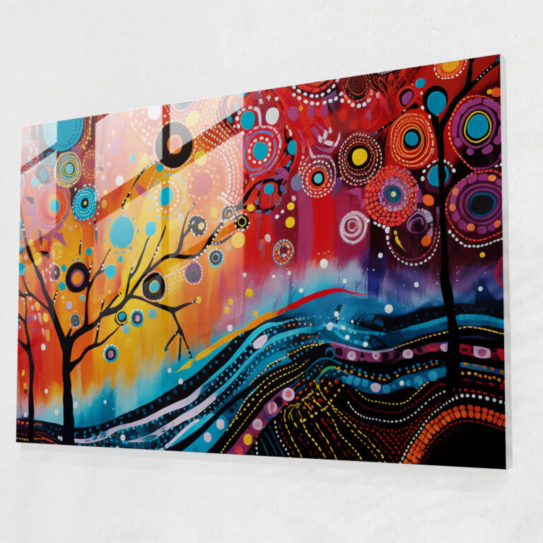 Contemporary Aboriginal Fusion Glass Print - Aborginal, Vibrant Colors, Glass Print, Home Decoration