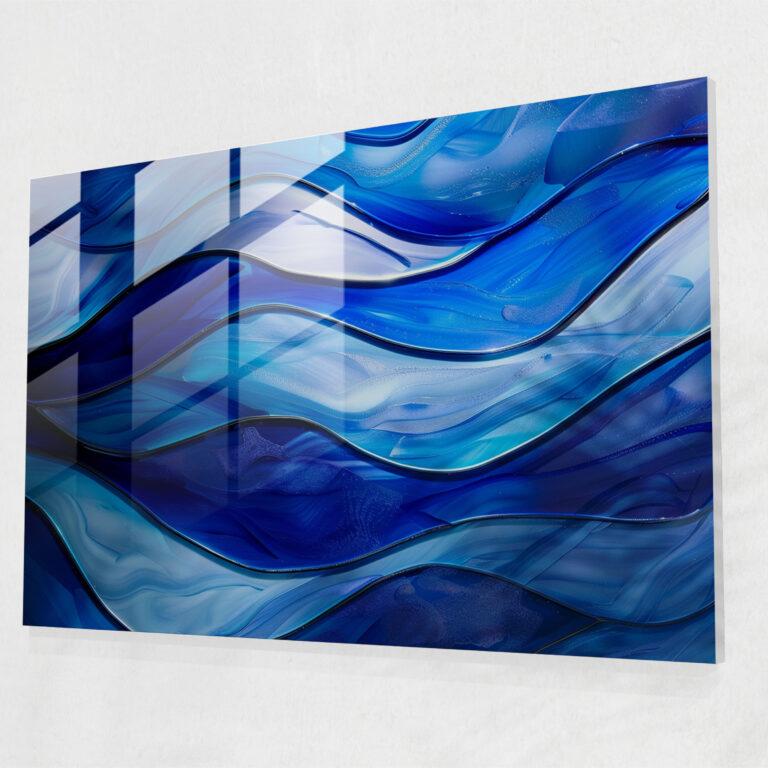 Abstract Art Glass Wall Art, Moody Blues And Flowing Lines - Abstract Art, Glass Art, Home Decoration, Abstract Art