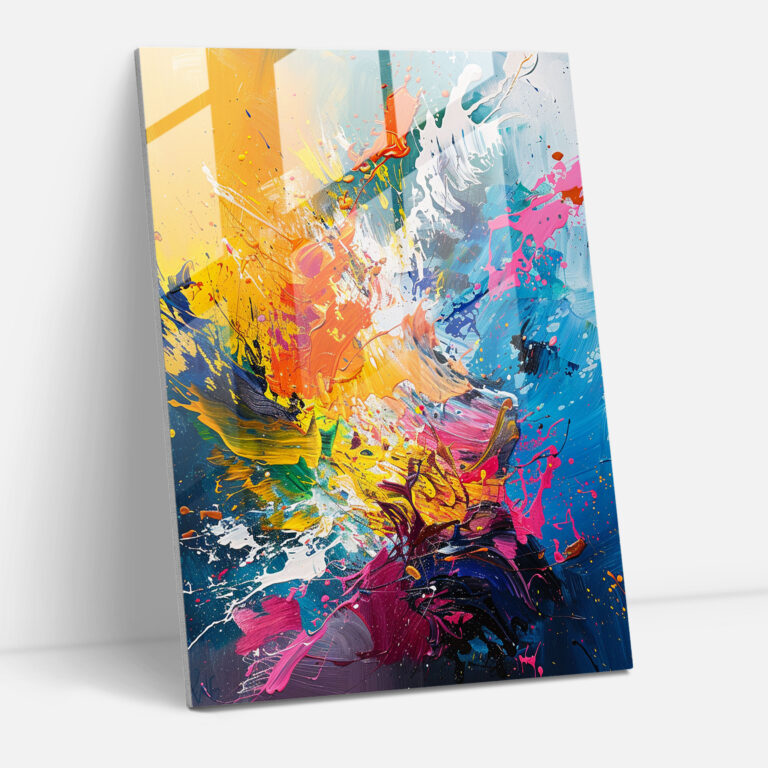 Energetic Splashes Glass Wall Art - Action Painting, Vibrant Hues, Glass Wall Art, Action Painting