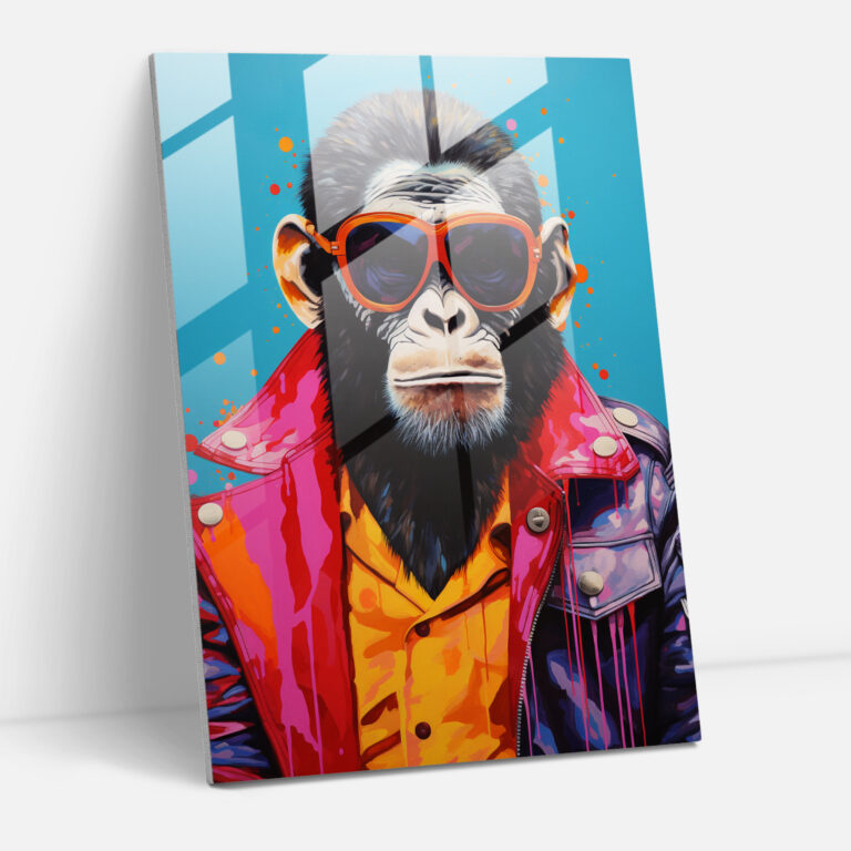 Pop Art Glass Print - Monkey In Leather Jacket - Animals Dressed Like Humans, Home Decoration, Animals Dressed Like Humans, Pop Art-Inspired