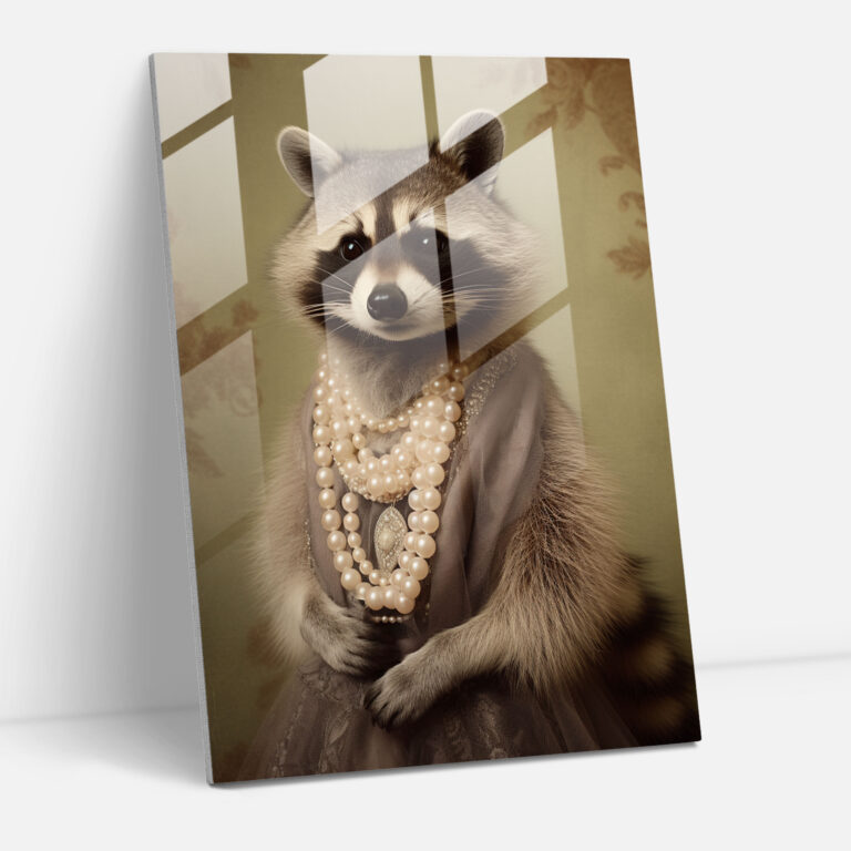 Vintage-Inspired Glass Print - Raccoon In Polka Dot Dress - Animals Dressed Like Humans, Raccoon In Polka Dot Dress, Wall Decoration, Modern Art