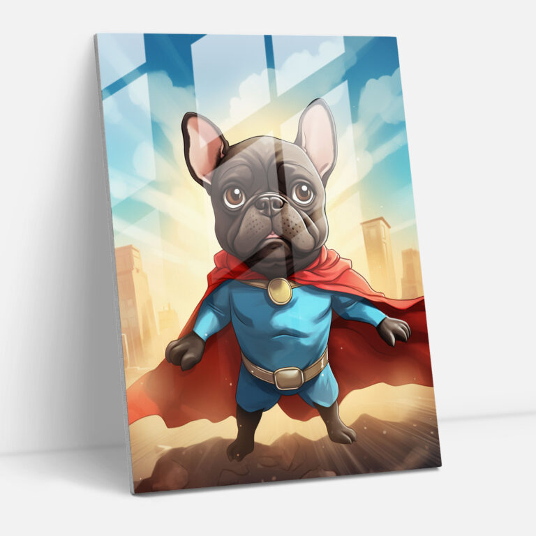 Playful Cartoon Glass Print - Dog Superhero - Animals Dressed Like Humans, Dog Superhero, Glass Art, Illustration