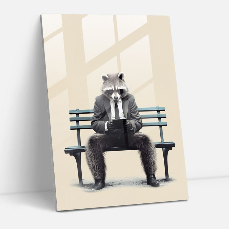 Animals Dressed Like Humans - Park Raccoon Glass Print - Animals Dressed Like Humans, Wall Decoration, Minimalist Design, Glass Wall Art