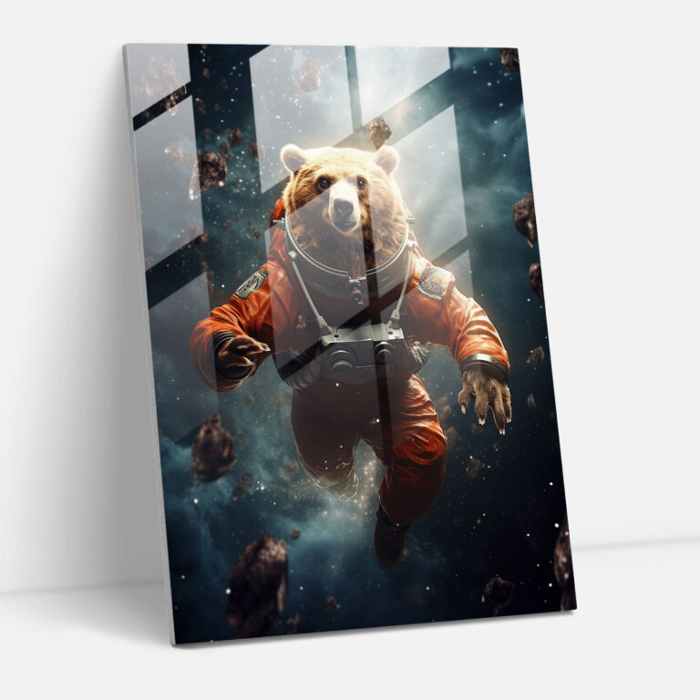 Animals Dressed Like Humans - Space Bear Glass Print - Animals Dressed Like Humans, Outer Space, Futuristic Digital Art, Bear