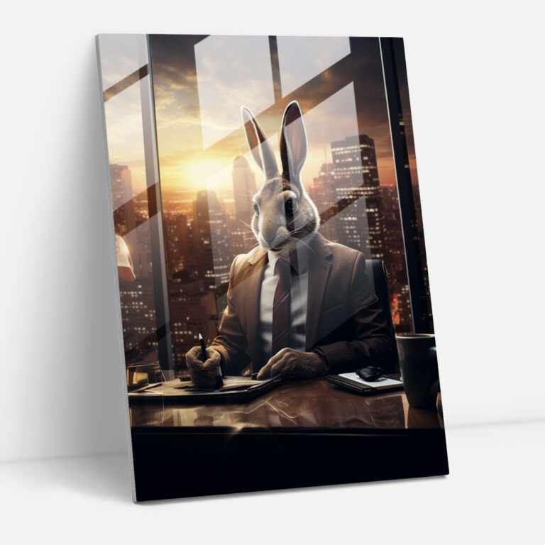 Rabbit Dressed Like Human Glass Print - Animals Dressed Like Humans, Surreal Digital Painting, Cityscape View, Animals Dressed Like Humans