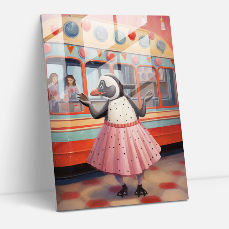 Penguin Dressed Like Human Glass Print - Animals Dressed Like Humans, 1950S-Style Diner, Vintage Polka Dot Dress, Animals Dressed Like Humans