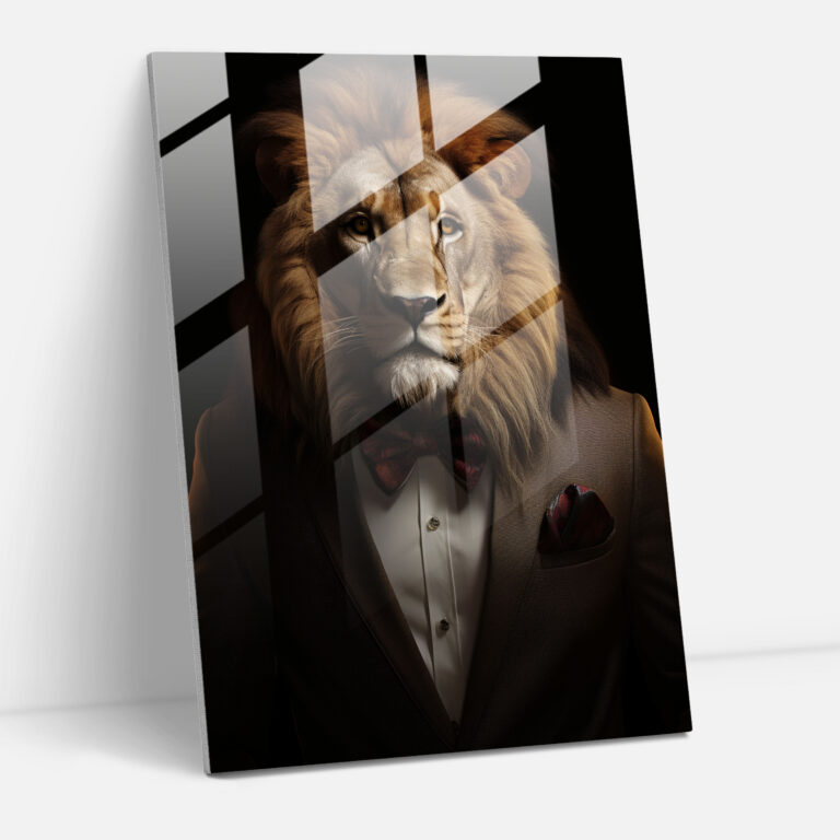 Realistic Animals Glass Print - Animals Dressed Like Humans, Home Decoration, Studio, Lion