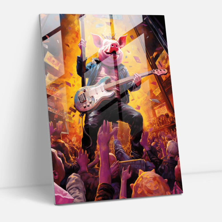 Pig Dressed Like Humans Glass Print - Animals Dressed Like Humans, Guitar, Animals Dressed Like Humans, Wall Decoration