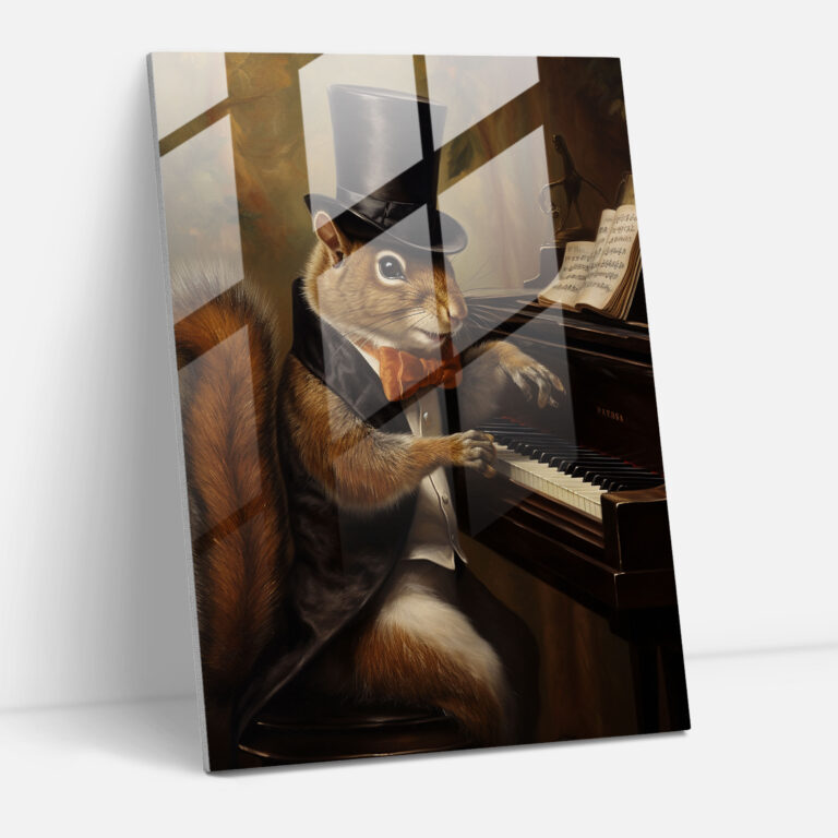 Animals Dressed Like Humans Glass Print - Animals Dressed Like Humans, Modern Art, Playing A Grand Piano, Animals Dressed Like Humans