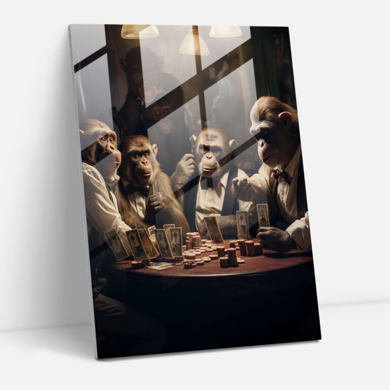 Monkey Poker Night Glass Print - Animals Dressed Like Humans, Animals Dressed Like Humans, Modern Art, Glass Print