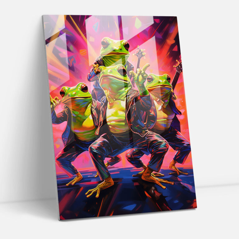 Rockin' Frogs Glass Print - Animals Dressed Like Humans, Animals Dressed Like Humans, Glass Wall Art, Home Decoration