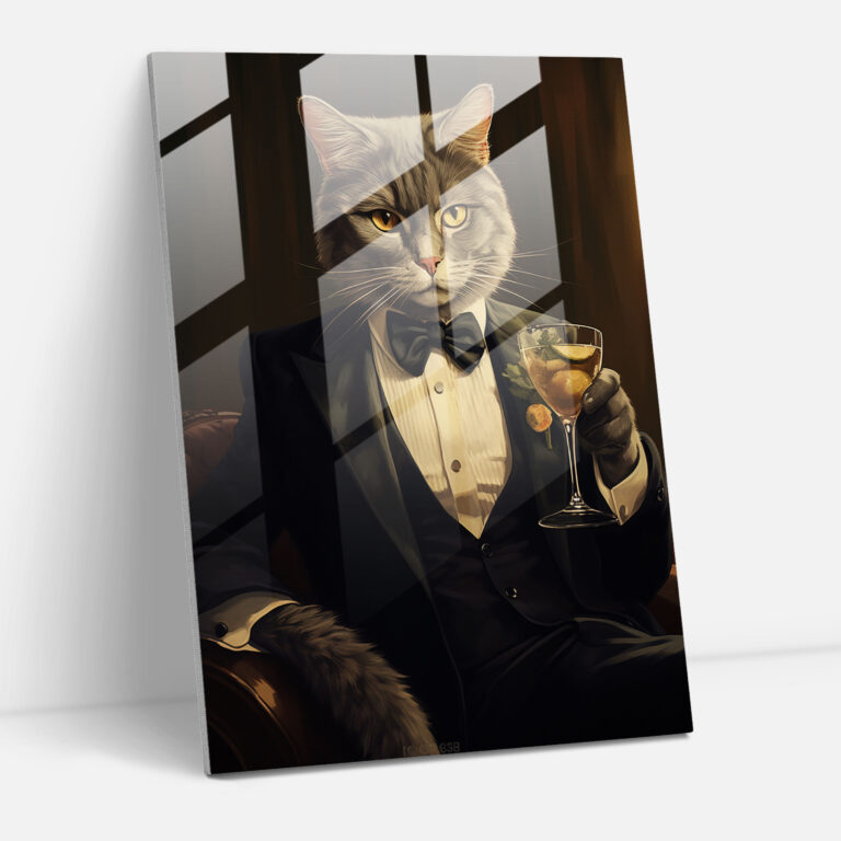 Suave Cat Glass Wall Art - Animals Dressed Like Humans, Animals Dressed Like Humans, Retro Illustration, Glass Wall Art
