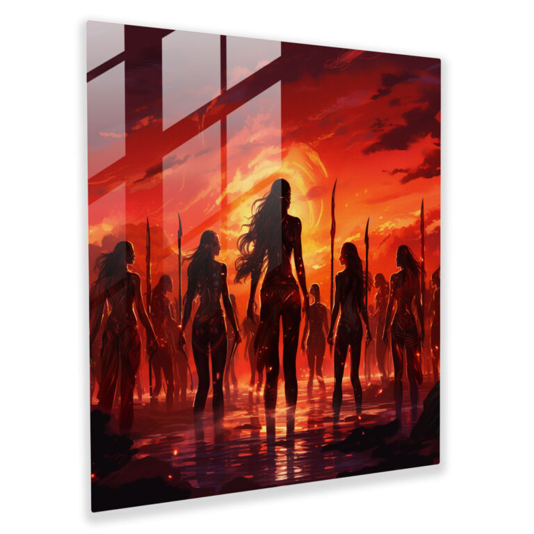 Amazon Women Glass Print - Amazon Women, Glass Wall Art, Glass Art, Fiery Backdrop