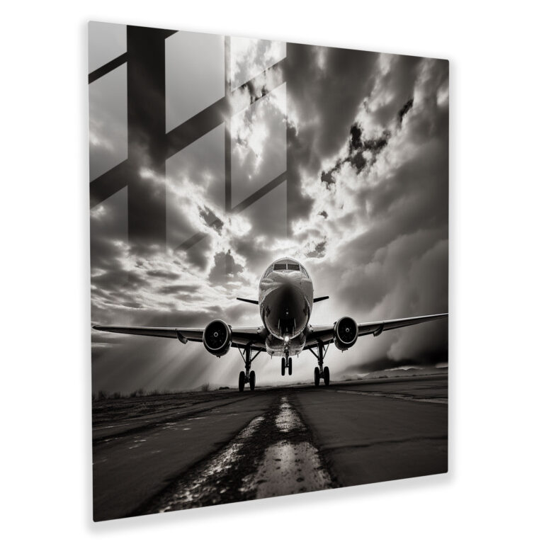 Airplane Glass Wall Art - Black And White Photograph - Airplane, Dramatic Sky, Glass Print, Airplane