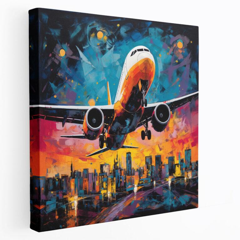 Airplane Wall Art - Abstract Mixed Media Canvas Print - Airplane, Vibrant Colors, City Lights, Wall Decoration
